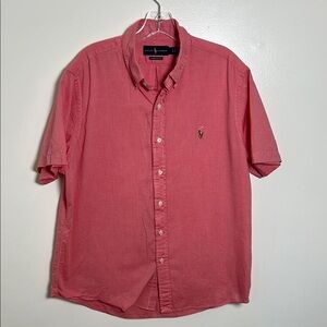 Ralph Lauren Slim Fit Chambray Oxford Shirt Large Pink Short Sleeves 100% Cotton